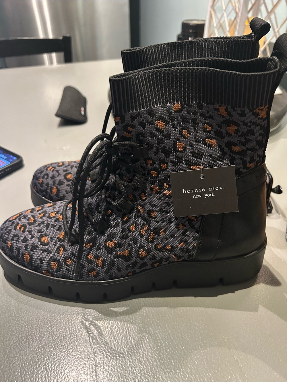 bernie mev. Knit Leopard Lace-Up Ankle Boot in Black and Brown